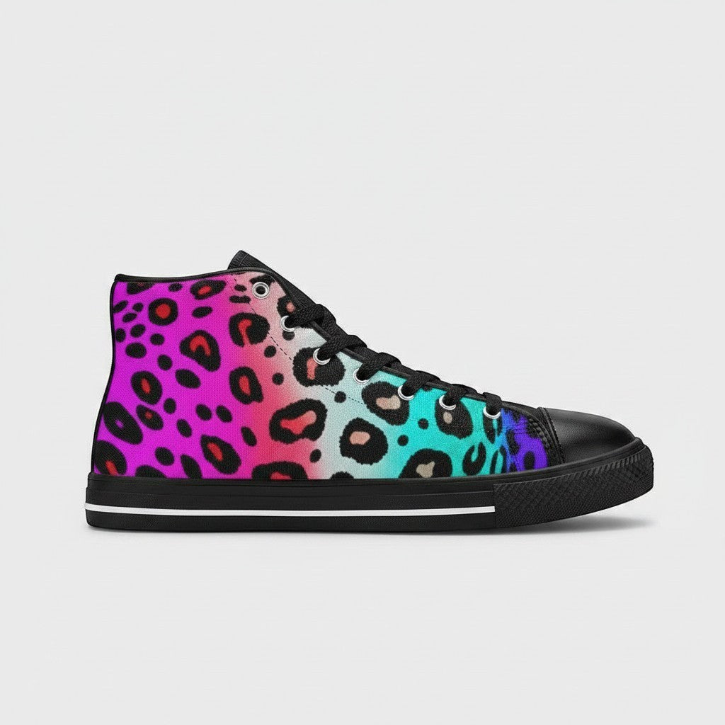Freaky Shoes® women's high-top canvas sneakers featuring a vibrant pink, blue, and purple leopard print pattern.
