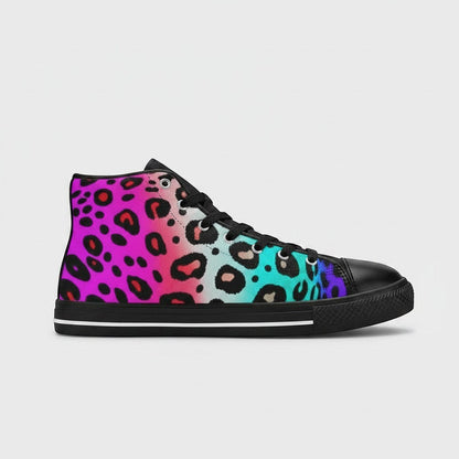 Freaky Shoes® women's high-top canvas sneakers featuring a vibrant pink, blue, and purple leopard print pattern.