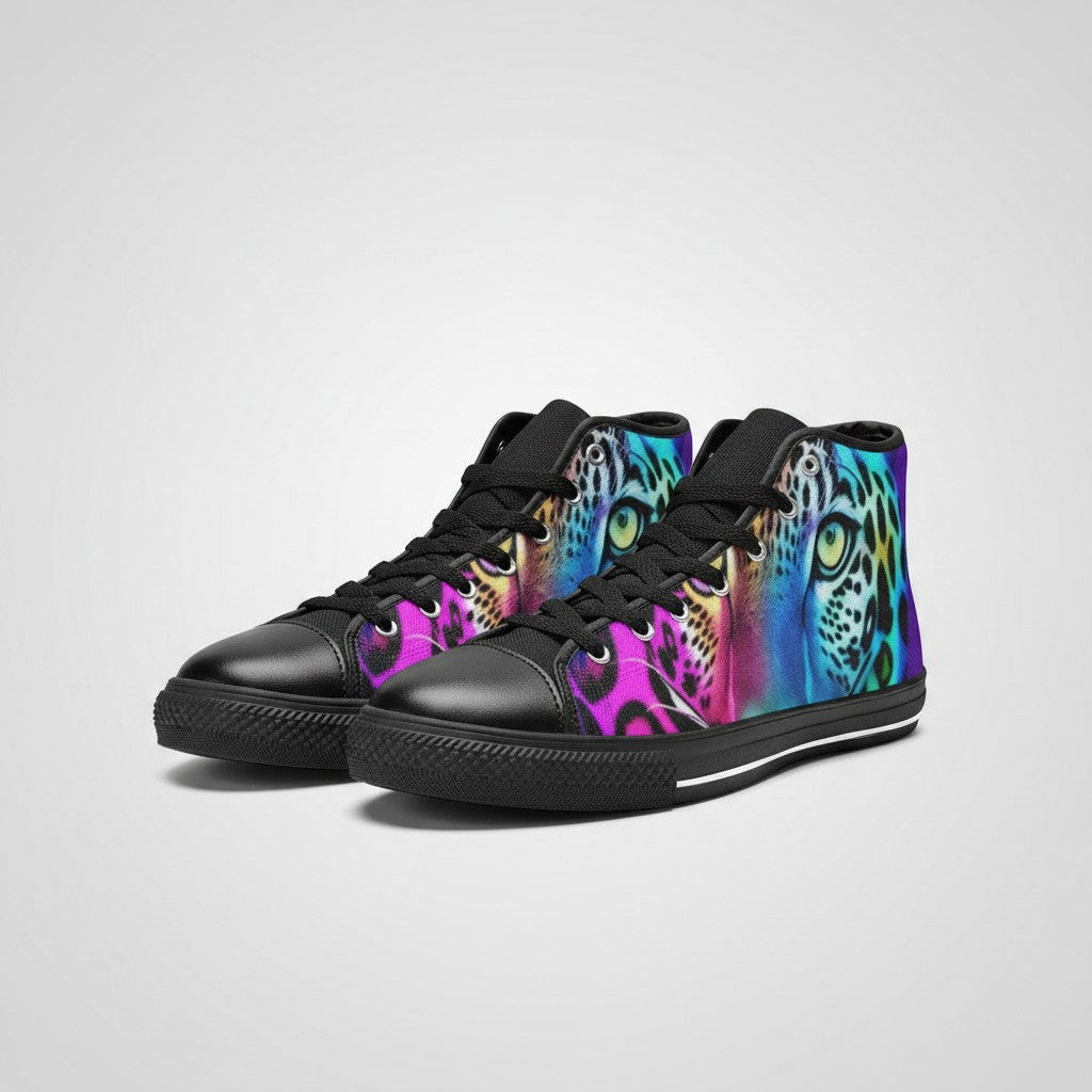 Freaky Shoes® high-top canvas sneakers featuring a vibrant, multi-colored leopard art print and black trim.
