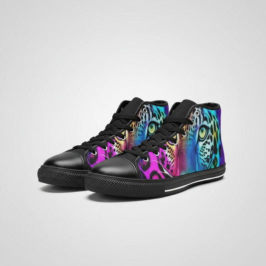Freaky Shoes® high-top canvas sneakers featuring a vibrant, multi-colored leopard art print and black trim.