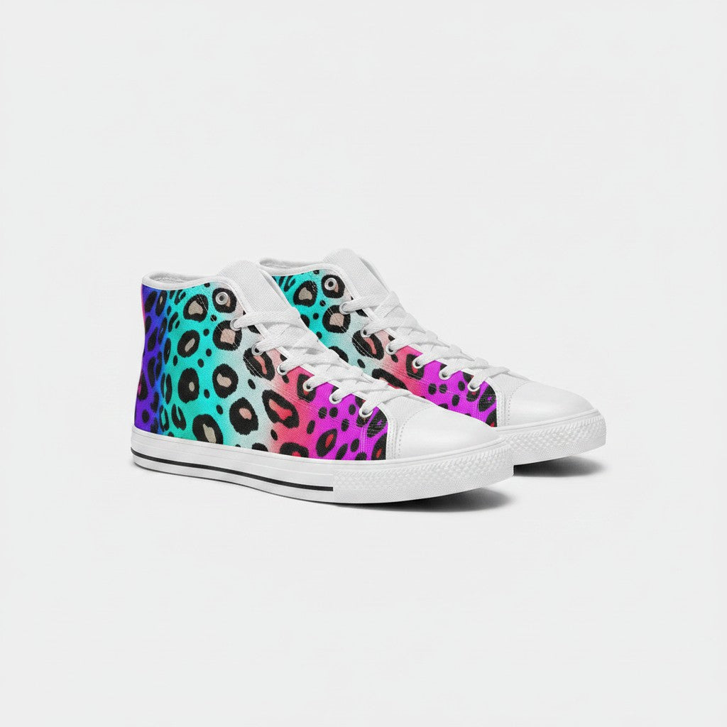 Freaky Shoes® high-top canvas sneakers featuring a vibrant multi-colored leopard print in neon pink, blue, and teal.