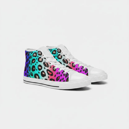 Freaky Shoes® high-top canvas sneakers featuring a vibrant multi-colored leopard print in neon pink, blue, and teal.