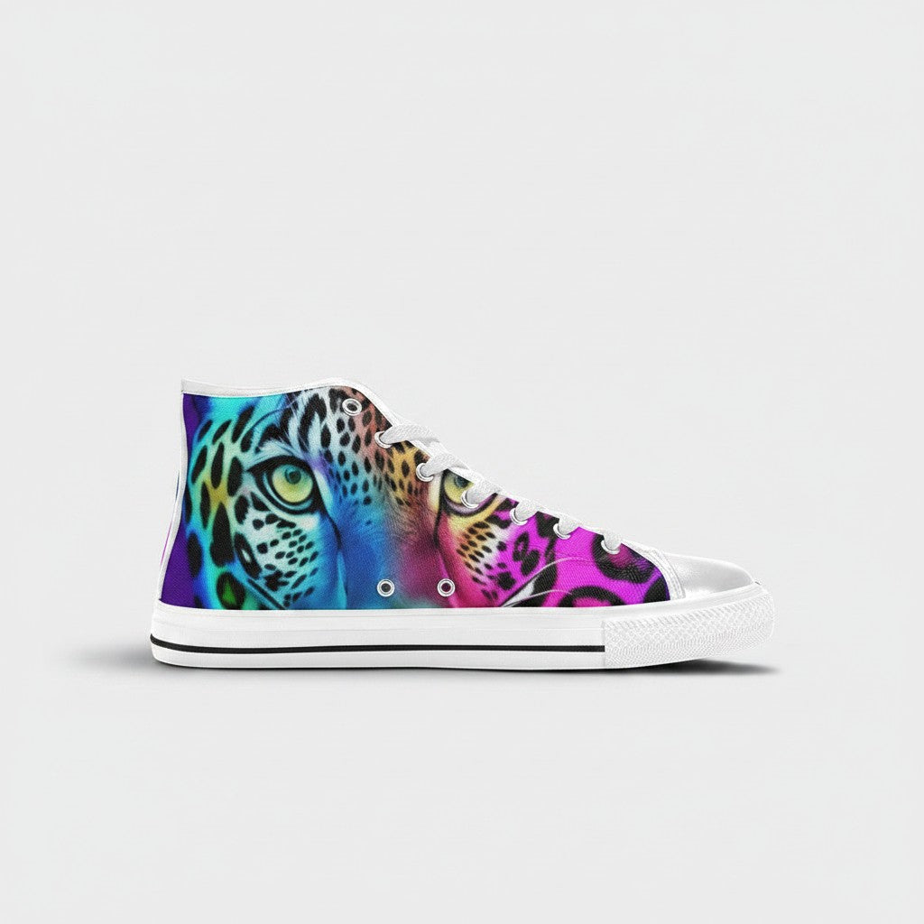 Freaky Shoes® women's high-top canvas sneakers featuring a vibrant, multi-colored leopard art print design.