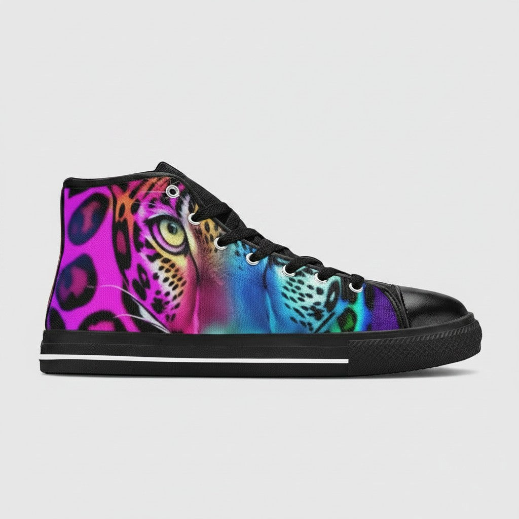 Freaky Shoes® women's high-top canvas sneakers featuring a vibrant, multi-colored leopard print art design.