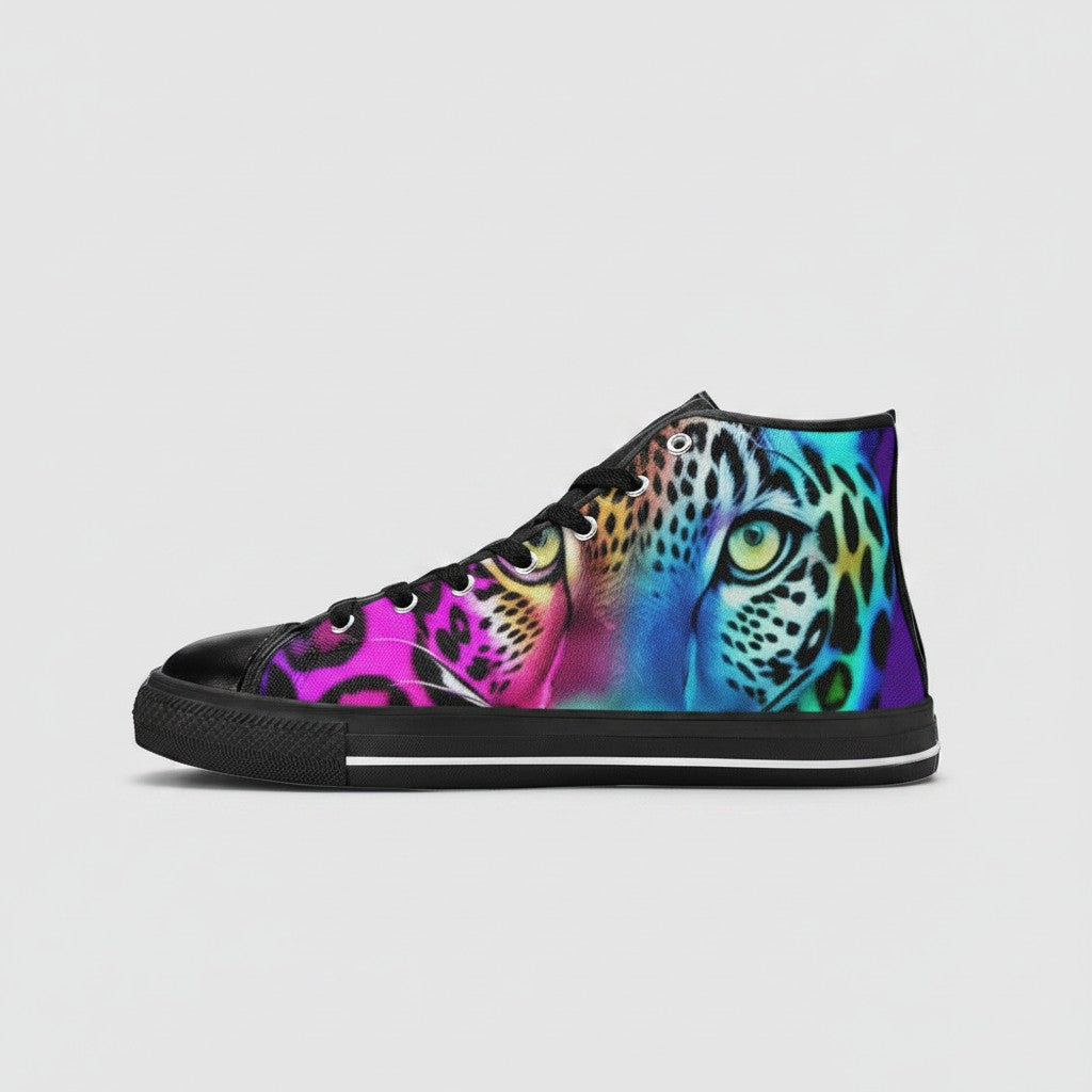 Freaky Shoes® women's high-top canvas sneakers featuring a vibrant, multi-colored leopard print design.