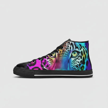 Freaky Shoes® women's high-top canvas sneakers featuring a vibrant, multi-colored leopard print design.