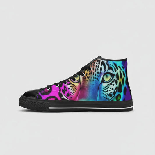 Freaky Shoes® women's high-top canvas sneakers featuring a vibrant, multi-colored leopard print design.