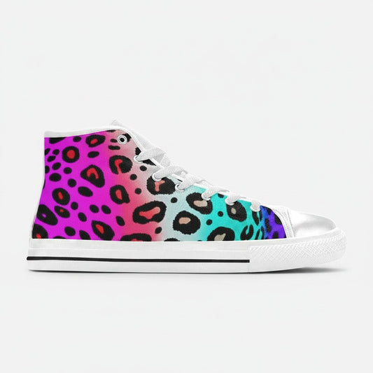 Freaky Shoes® men's high-top canvas sneakers featuring a vibrant pink, blue, and purple leopard print pattern.