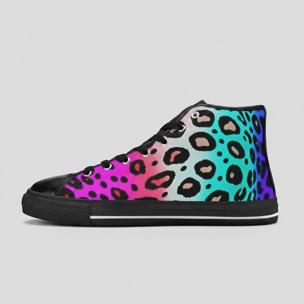 Freaky Shoes® women's high-top canvas sneakers featuring a vibrant pink, blue, and purple leopard print pattern.