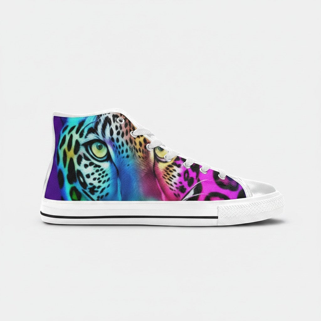 Freaky Shoes® men's high-top canvas sneakers featuring a vibrant, multi-colored leopard art print on the side.