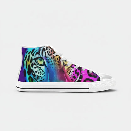 Freaky Shoes® men's high-top canvas sneakers featuring a vibrant, multi-colored leopard art print on the side.