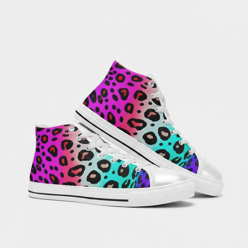 Freaky Shoes® men's high-top canvas sneakers featuring a vibrant pink, purple, and teal leopard print pattern.