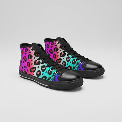 Freaky Shoes® women's high-top canvas sneakers featuring a vibrant pink, blue, and purple leopard print pattern.