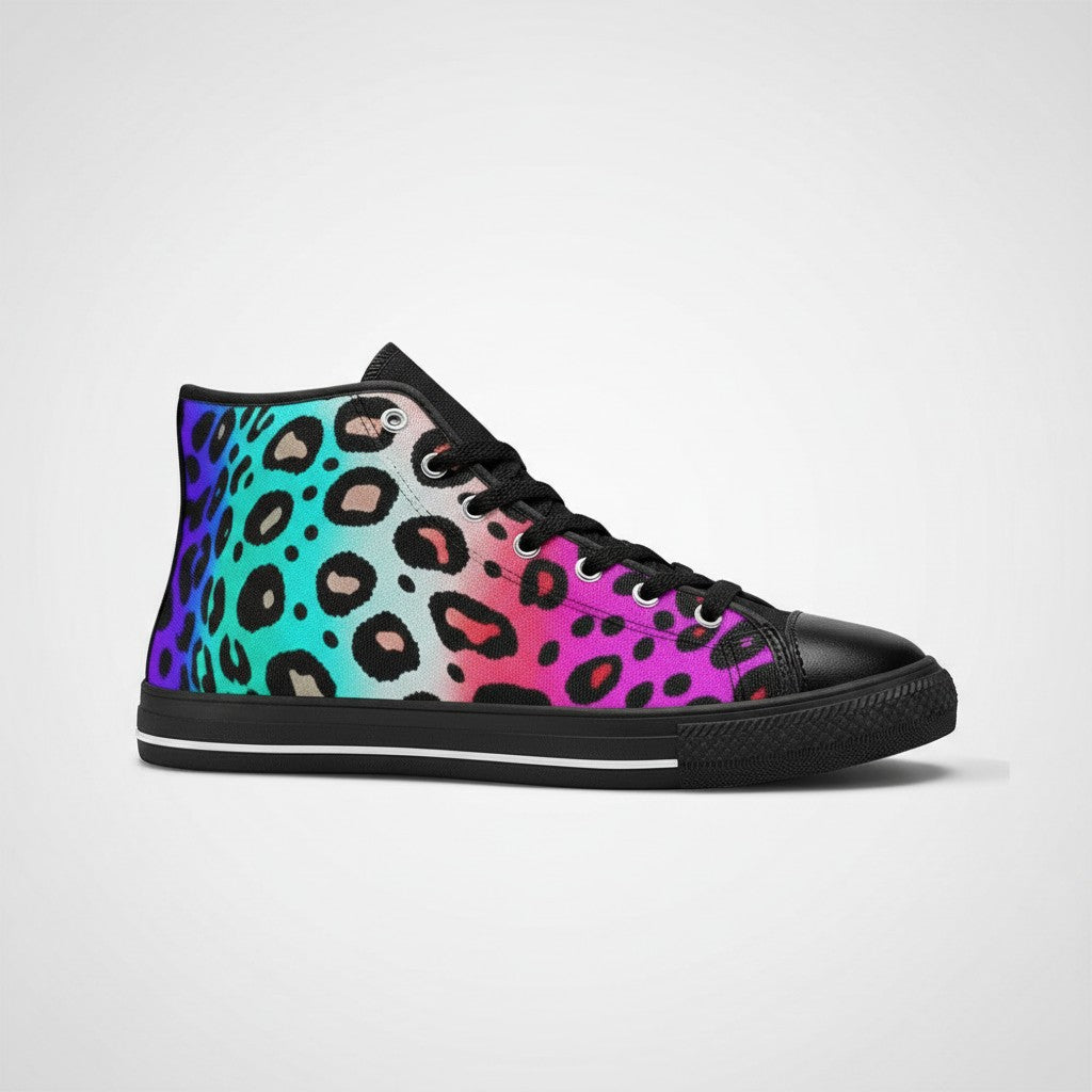 Freaky Shoes® high-top canvas sneakers featuring a vibrant multi-colored leopard print design with black accents.