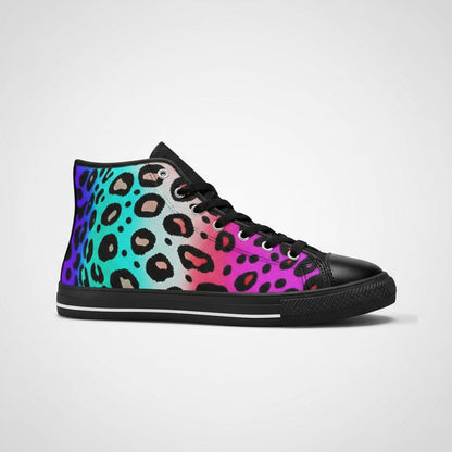 Freaky Shoes® high-top canvas sneakers featuring a vibrant multi-colored leopard print design with black accents.