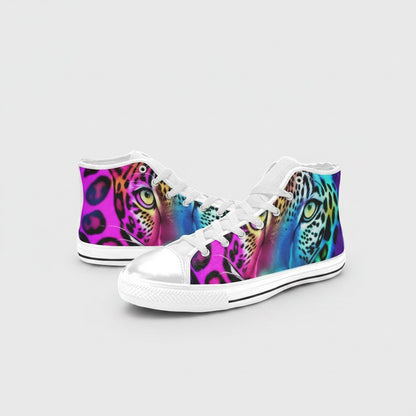 Freaky Shoes® women's high-top canvas sneakers featuring a vibrant, multi-colored leopard print art design.