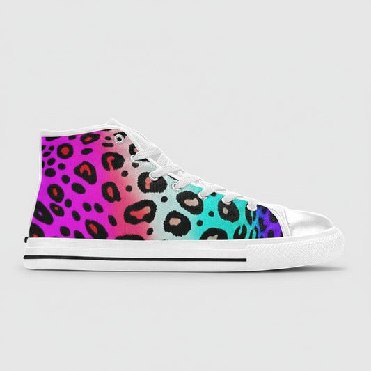 Freaky Shoes® women's high-top canvas sneakers featuring a vibrant pink, purple, and teal leopard print pattern.