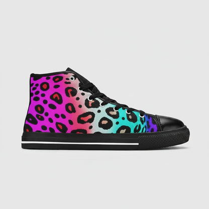 Freaky Shoes® high-top canvas sneakers featuring a vibrant multi-colored leopard print pattern and black trim.