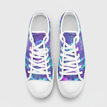Freaky Shoes® low-top canvas sneakers featuring a vibrant purple and blue mandala print with white laces and toe caps.