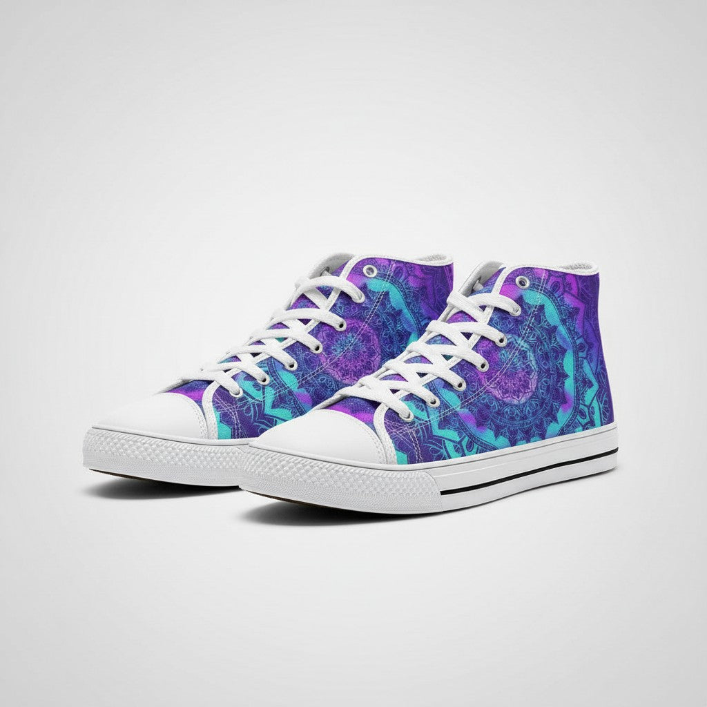 Freaky Shoes® high-top canvas sneakers featuring a vibrant purple and blue mandala print with white laces and soles.