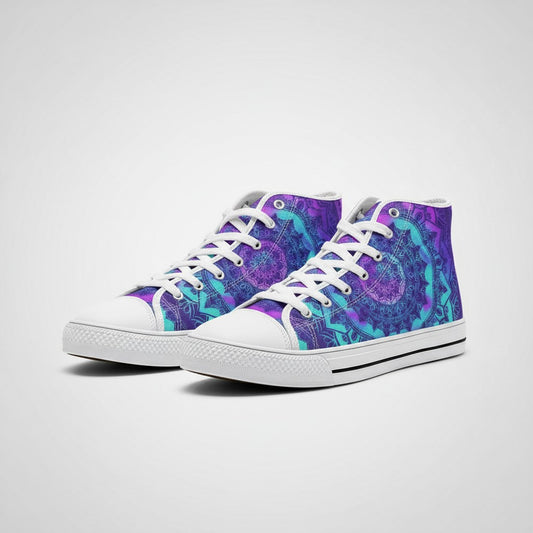 Freaky Shoes® high-top canvas sneakers featuring a vibrant purple and blue mandala print with white laces and soles.