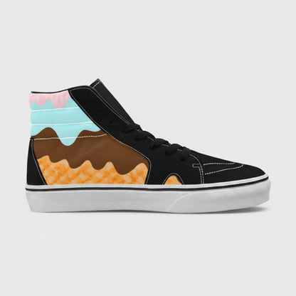 Freaky Shoes® women's black high-top canvas sneakers featuring a melting waffle ice cream cone graphic design.
