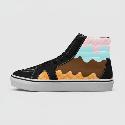 Freaky Shoes® high-top canvas sneakers featuring a melting ice cream cone design with waffle texture in black and pastel
