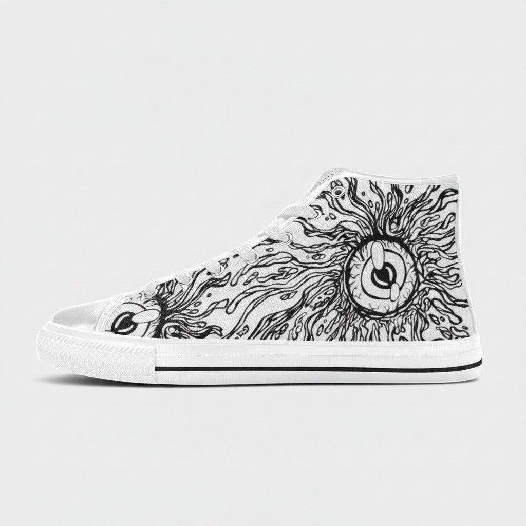 Freaky Shoes® men's high-top canvas sneakers featuring a black and white surreal eye graphic print.