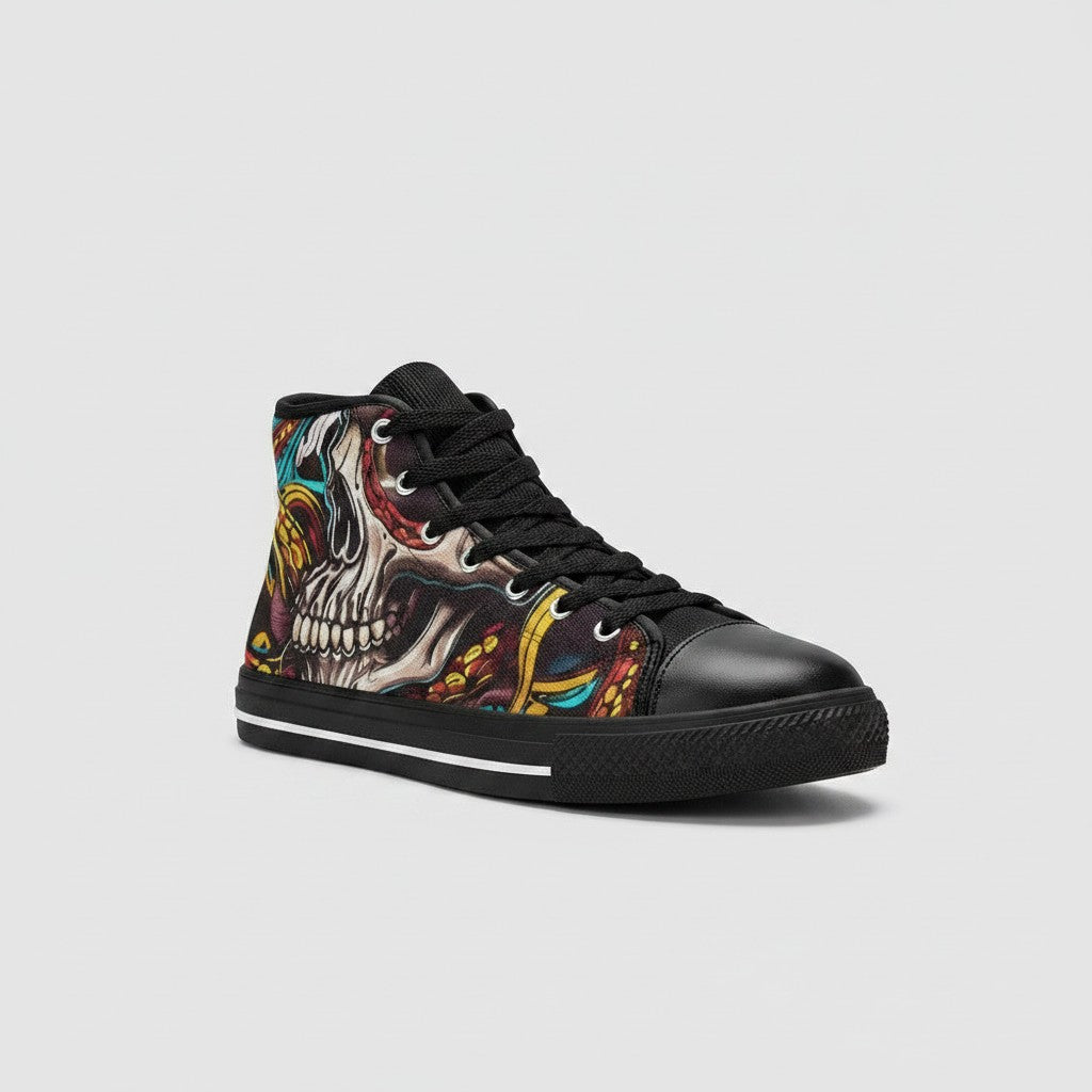 Freaky Shoes® men's high-top canvas sneakers featuring a colorful skull and tentacles graphic print on a black base.