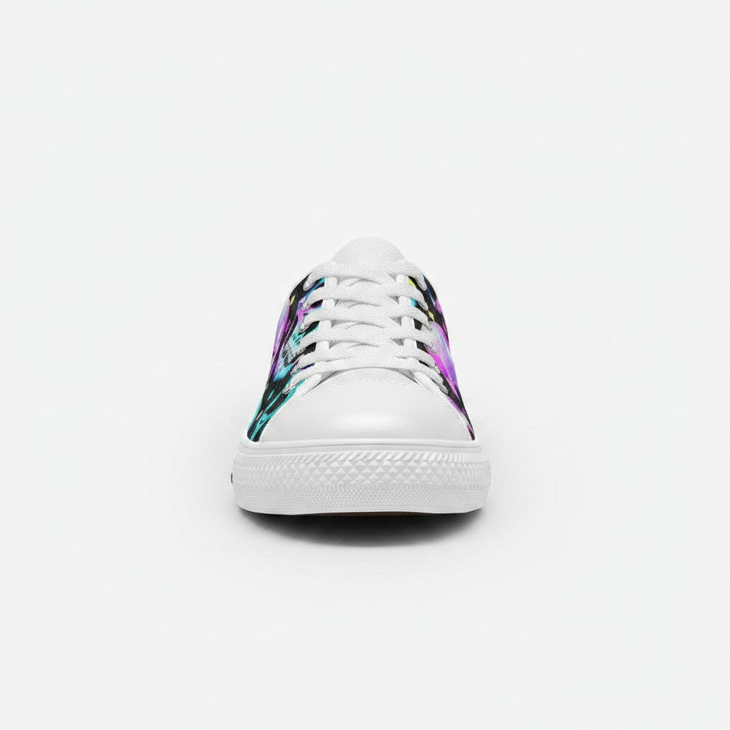 Freaky Shoes® men's canvas sneakers featuring a vibrant, colorful skull pattern on a white background