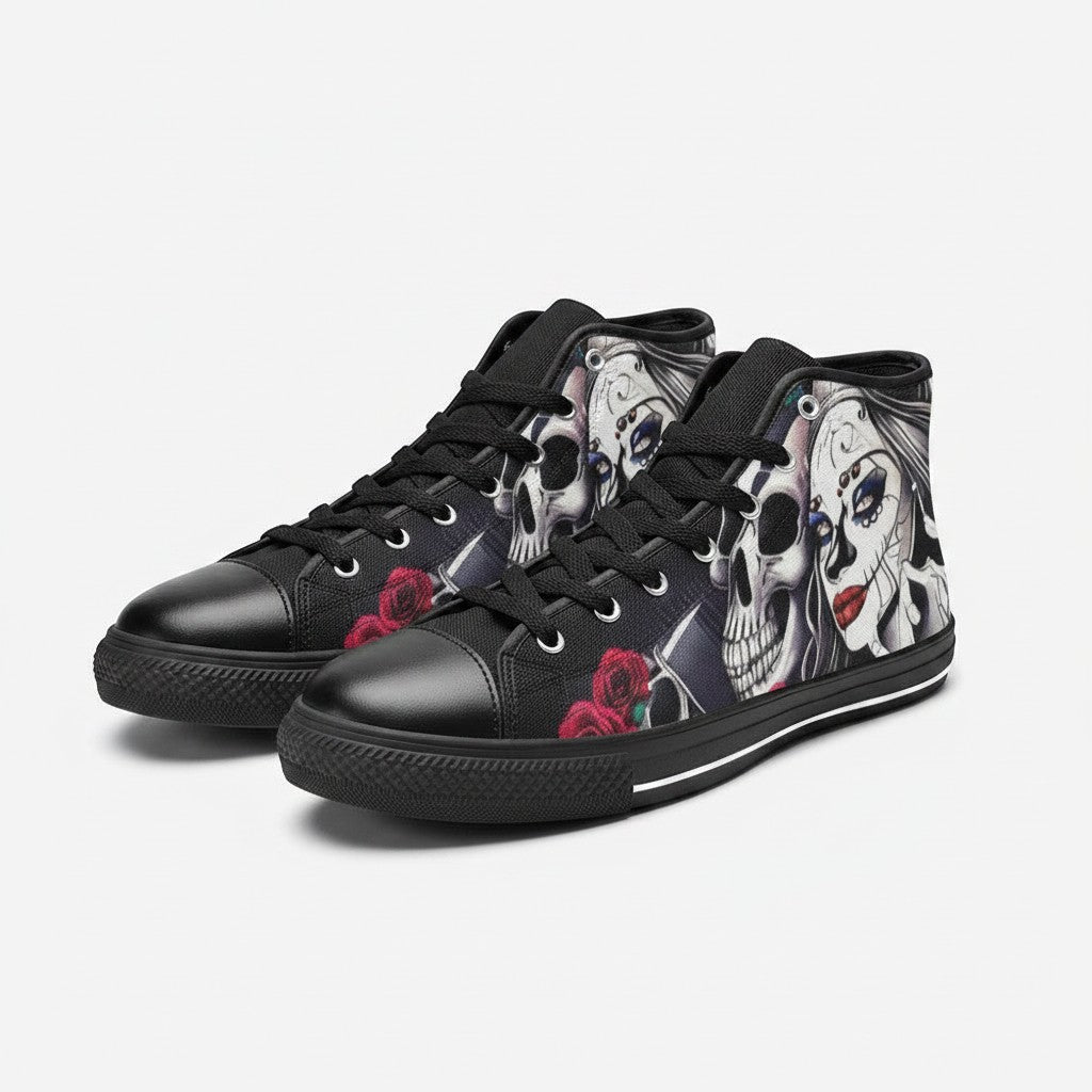 Freaky Shoes® men's high-top canvas sneakers featuring a black and white sugar skull and woman art print with roses.