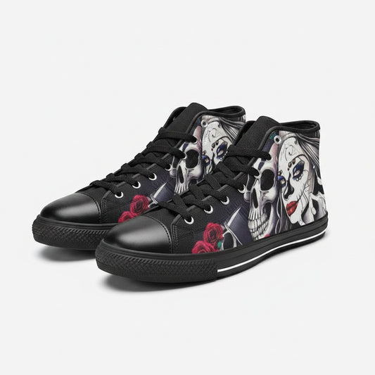 Freaky Shoes® men's high-top canvas sneakers featuring a black and white sugar skull and woman art print with roses.
