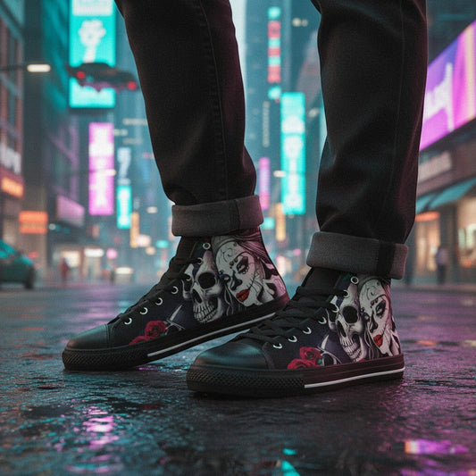 Freaky Shoes® men's high-top canvas sneakers featuring a vibrant sugar skull and woman art print on a city street.