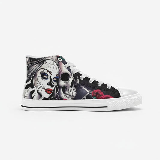 Freaky Shoes® men's high-top canvas sneakers featuring a detailed woman and skull graphic print with red roses.