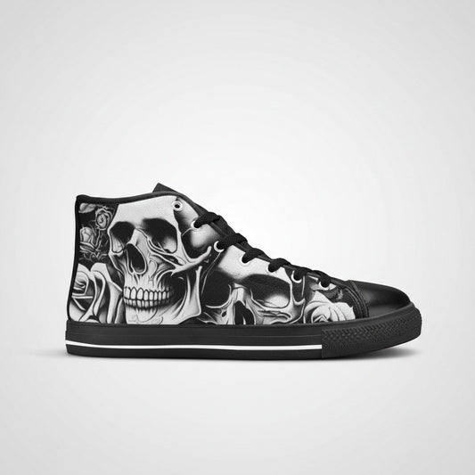 Freaky Shoes® men's high-top canvas sneakers featuring a black and white cartoon skull and rose print design.