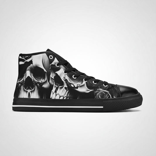 Freaky Shoes® men's high-top canvas sneakers featuring a black and white greyscale skull and rose print.