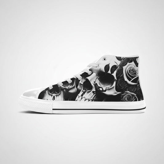 Freaky Shoes® men's high-top canvas sneakers featuring a black and white greyscale skull and rose print design.