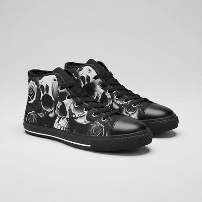 Freaky Shoes® men's high-top canvas sneakers featuring a black and white greyscale skull and rose print design.