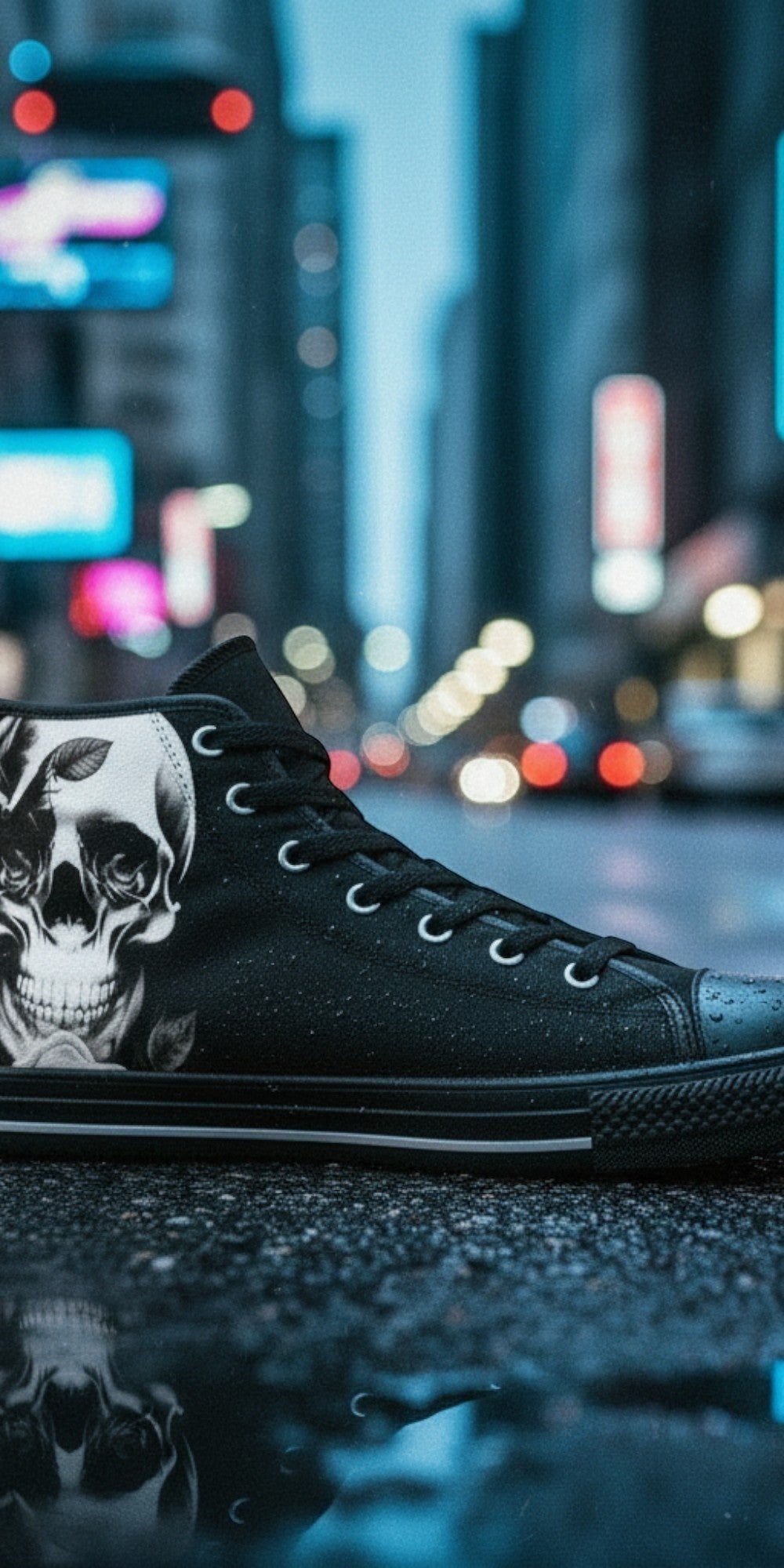 Men's Cartoon Skulls & Roses Black hand-made high-top canvas shoes — unique wearable art by Freaky Shoes