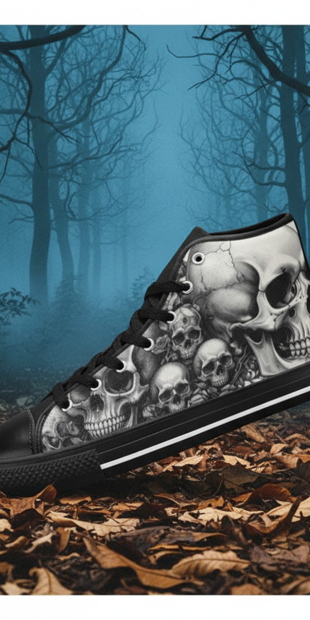 Men's Monochrome Gothic Skull Dark Art high-top canvas shoes, custom full-wrap printed design — Freaky Shoes