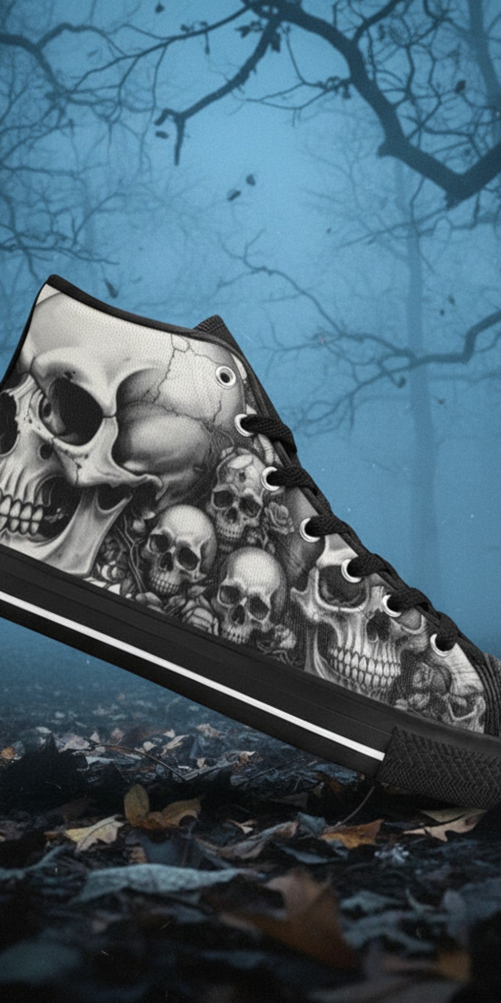 Men's Monochrome Gothic Skull Dark Art hand-made high-top canvas shoes — unique wearable art by Freaky Shoes