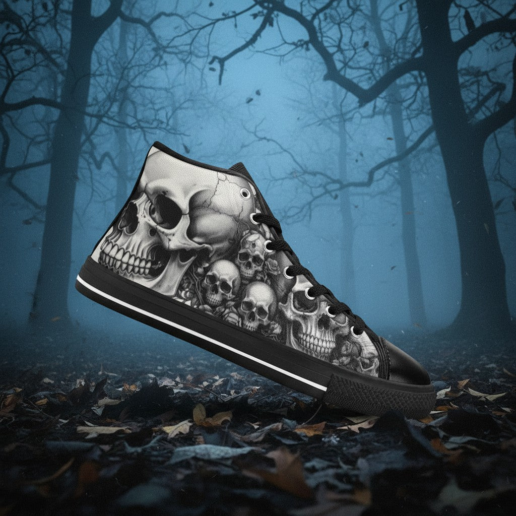 Custom Men's Monochrome Gothic Skull Dark Art high-top canvas shoes with bold all-over art — Freaky Shoes