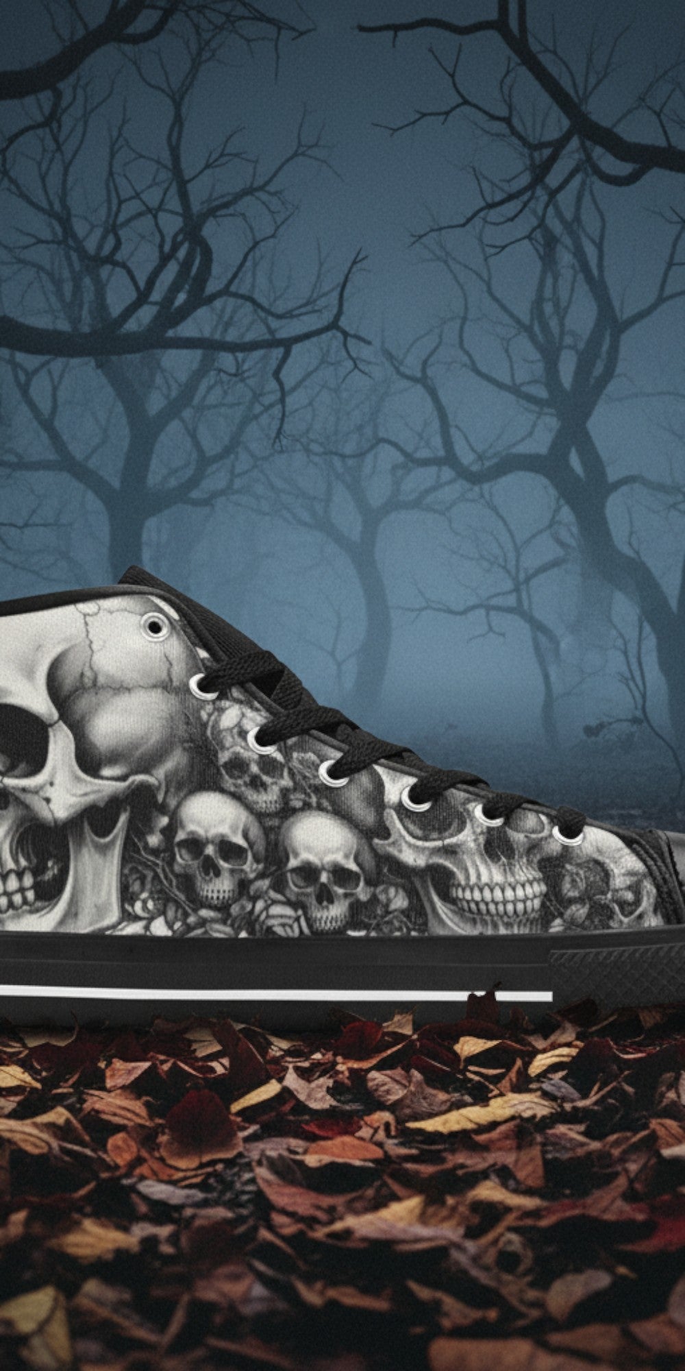 Men's Monochrome Gothic Skull Dark Art high-top canvas shoes, custom full-wrap printed design — Freaky Shoes
