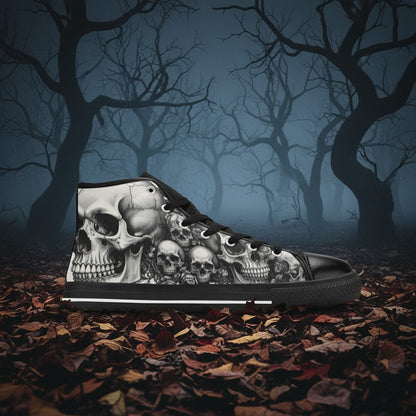 Men's Monochrome Gothic Skull Dark Art high-top canvas shoes — one-of-a-kind custom printed art, Freaky Shoes