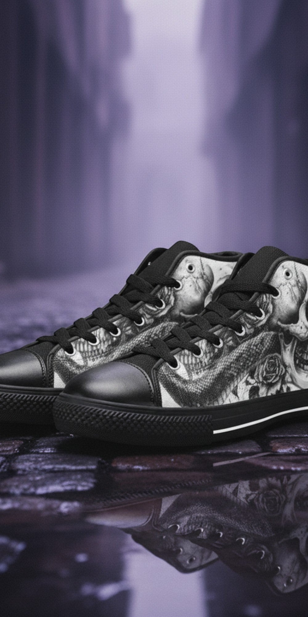 Women's Monochrome Skull Gothic Art hand-made high-top canvas shoes — unique wearable art by Freaky Shoes