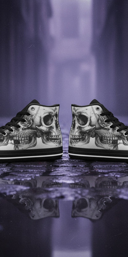 Custom Women's Monochrome Skull Gothic Art high-top canvas shoes with bold all-over art — Freaky Shoes