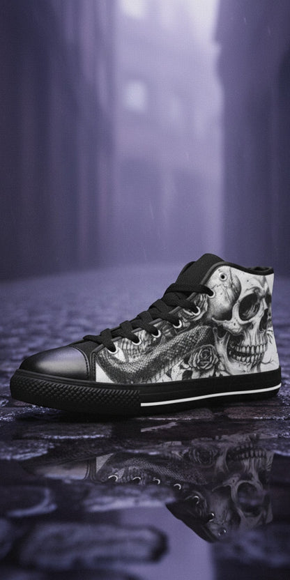 Women's Monochrome Skull Gothic Art high-top canvas shoes, custom full-wrap printed design — Freaky Shoes