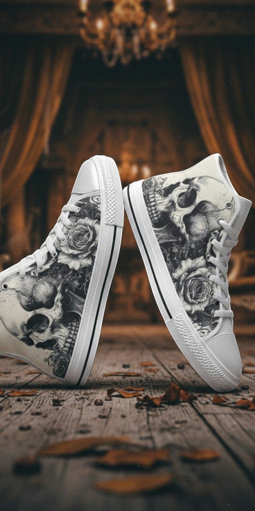 Women's Monochrome Dark Skull Gothic Art high-top canvas shoes, custom full-wrap printed design — Freaky Shoes