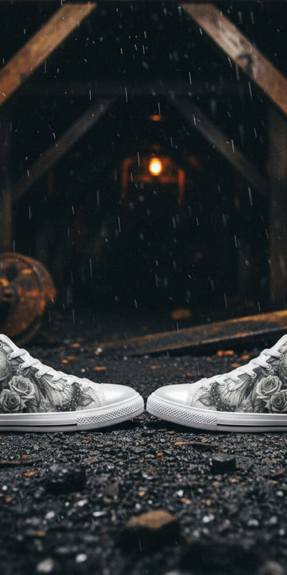 Men's Monochrome Moon Skull Gothic Art high-top canvas shoes — one-of-a-kind custom printed art, Freaky Shoes