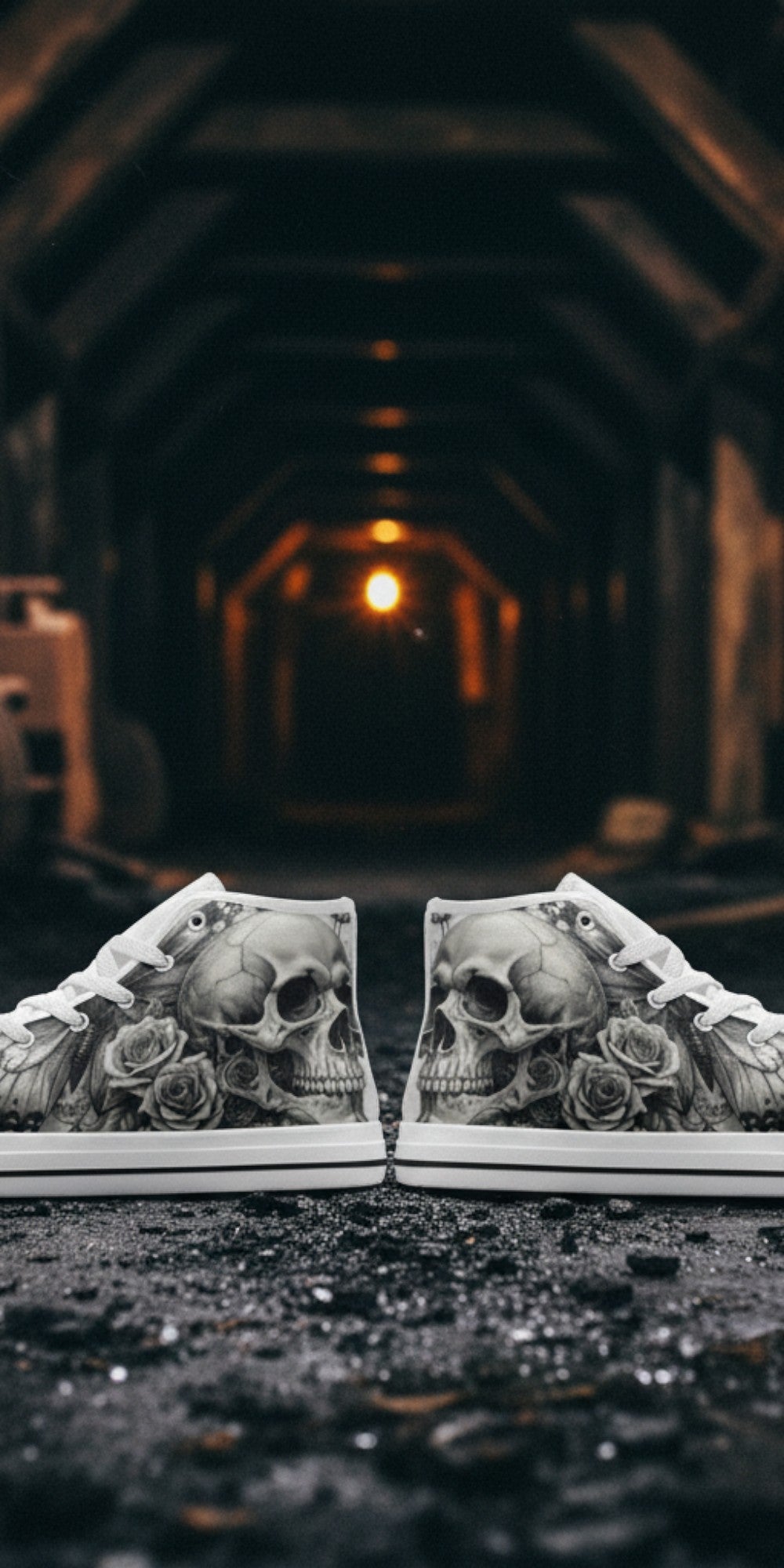 Men's Monochrome Moon Skull Gothic Art high-top canvas shoes — one-of-a-kind custom printed art, Freaky Shoes
